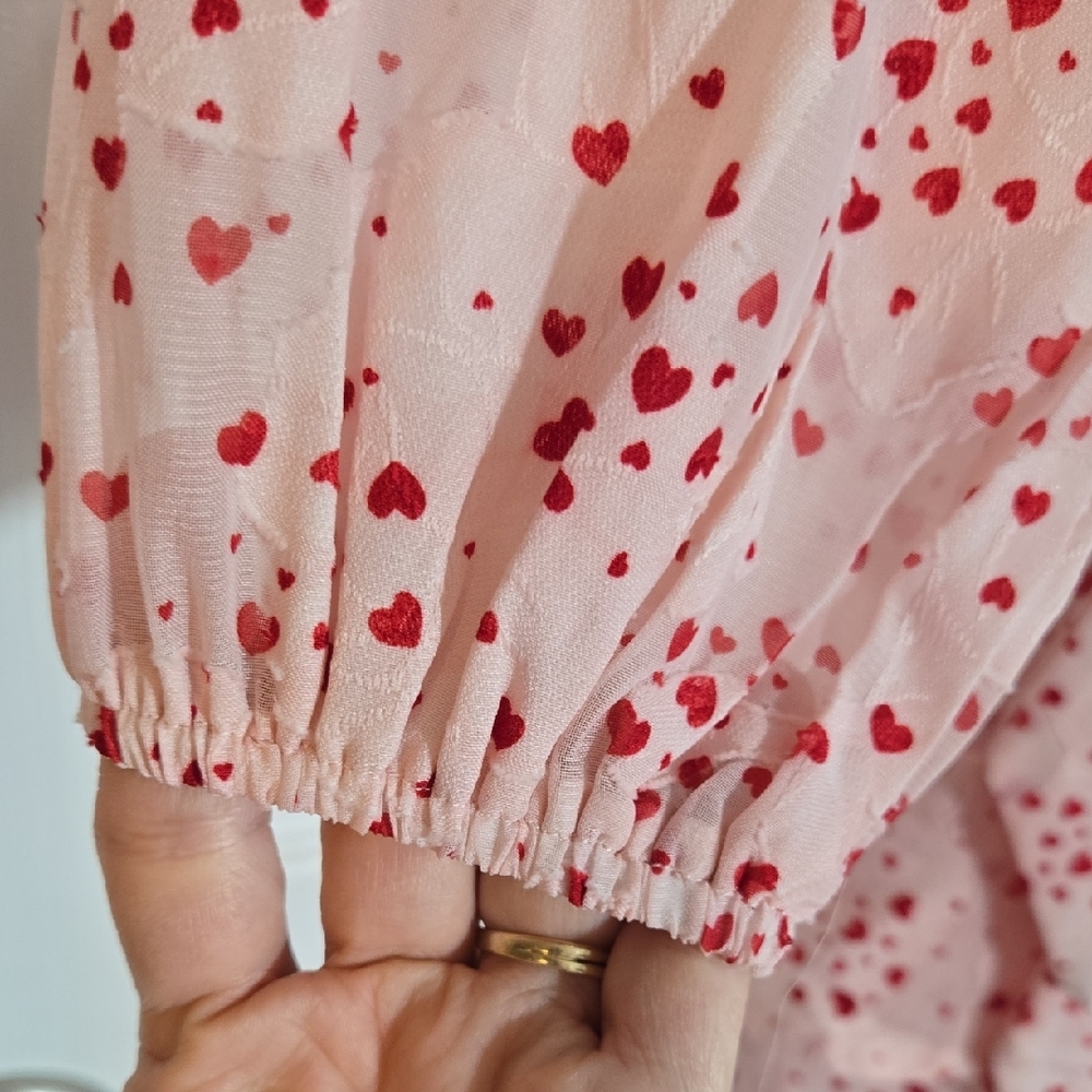 Blue Rain Pink Floral Red Heart Design Long Sleeve Dress Size Small - Picture 6 of 11